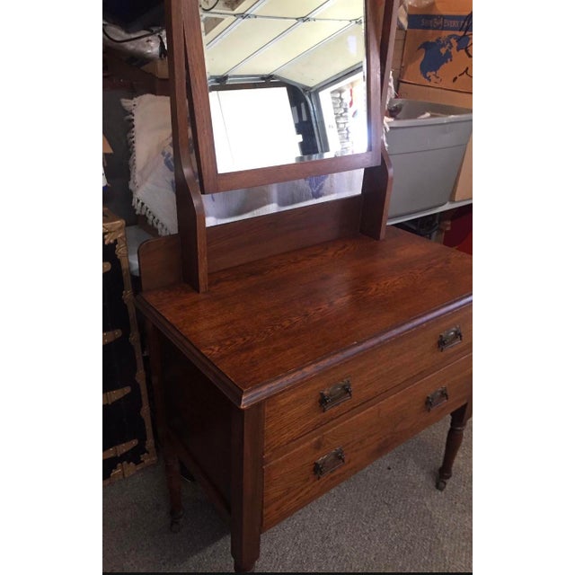 English Oak Antique Rolling Vanity With Beveled Swivel Tilt Mirror , Multi Drawer For Sale - Image 3 of 8