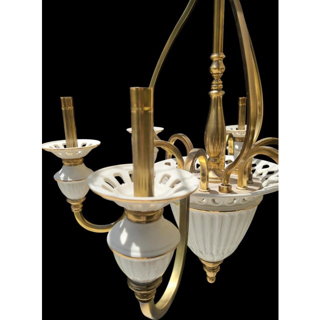 Brass Vintage Lenox Porcelain Brass Large 6 Light Traditional Chandelier For Sale - Image 8 of 14