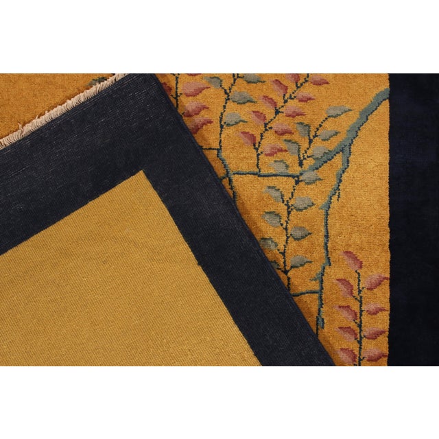 1980s Vintage Chinese Deco Style Rug in Gold, Blue Border, Pink-Red Floral Patterns For Sale - Image 5 of 5