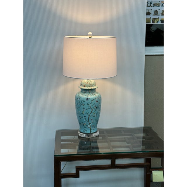Asian Late 20th Century Jade Green Ceramic Table Lamp With Butterflies + Birds For Sale - Image 3 of 12