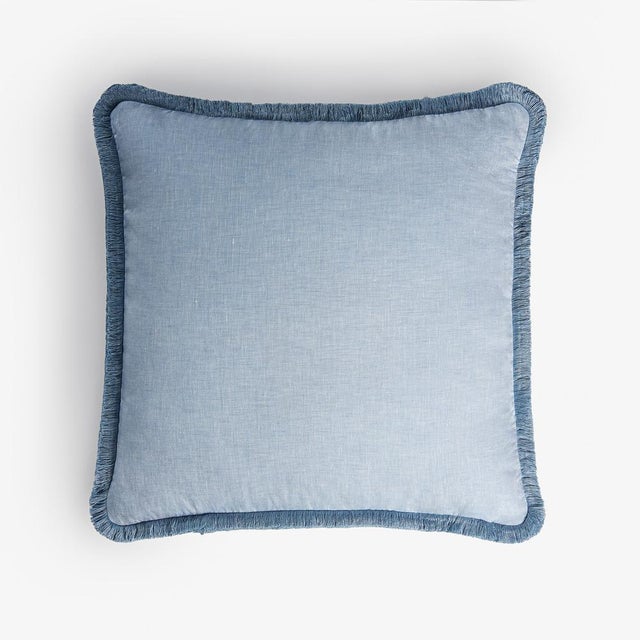 Early 21st Century White Light Blue with Light Blue Fringes Happy Linen Striped by LO DECOR for Lorenza Briola For Sale - Image 5 of 7