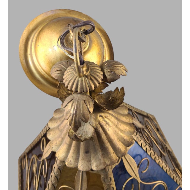 Metal Vintage Multi Color Slag Glass Italian Tole Gilded Pendant Light Fixture For Sale - Image 7 of 11