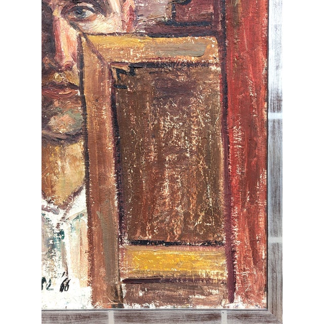 Textile Julien Buysse "Portrait of the Artist" Early Realistic Neutral Toned Figurative Painting, 1966 For Sale - Image 7 of 11