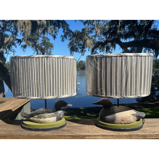 Early 20th Century Hand-Carved Duck Decoy Lamps With Custom Ticking Stripe Shades – Pair For Sale - Image 16 of 17