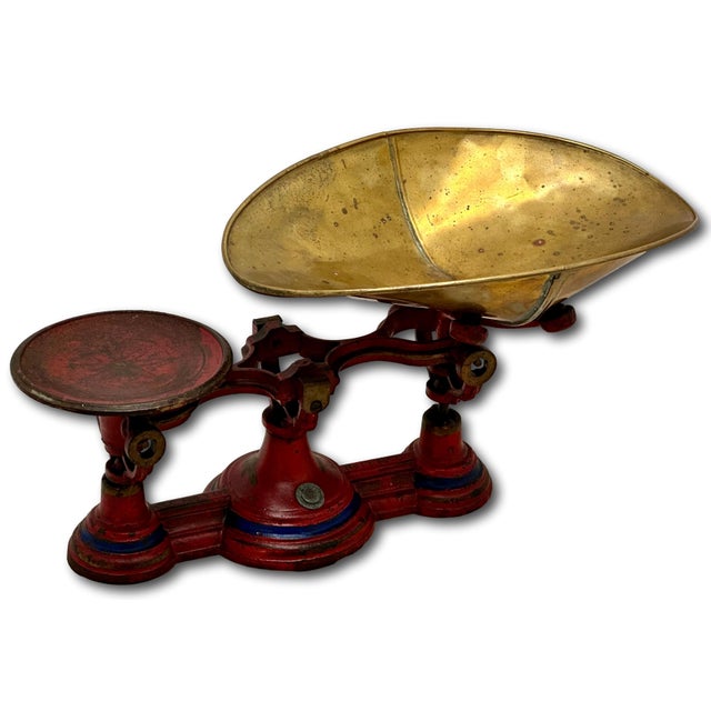 Nice Antique American Victorian Cast Iron & Brass Small Size Kitchen Scale With Excellent Original Red & Blue Paint For Sale - Image 12 of 18