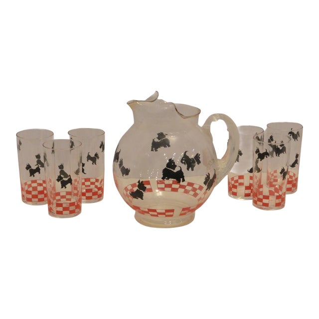 Rare 1950s Federal Glass "Scottie Dog" Ball Pitcher & 7-Piece Set For Sale