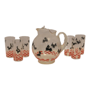 Rare 1950s Federal Glass "Scottie Dog" Ball Pitcher & 7-Piece Set