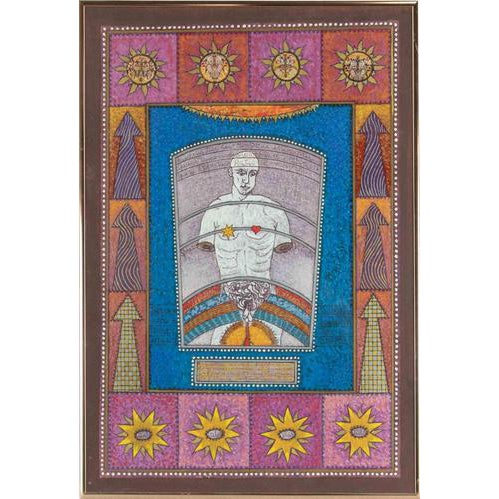 Mino Meno, Man and Universe, 1970s, Oil Painting on Plywood, Framed For Sale