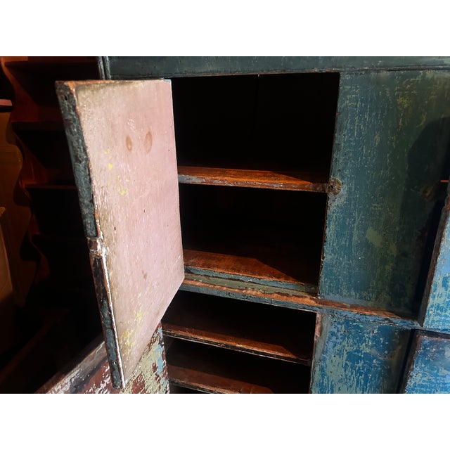 Wood Antique Farmhouse Wood-Painted Turquoise Cabinet For Sale - Image 7 of 16