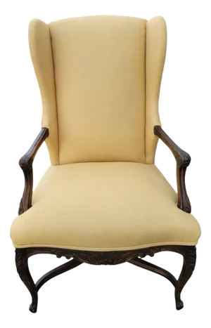 1930s French Country Wingback Chair - Hand-Carved Walnut, Newly Upholstered