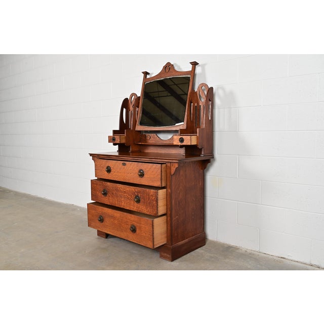 Liberty & Co. Antique English Mission Oak Arts & Crafts Vanity Dresser With Mirror, Circa 1900 For Sale In South Bend - Image 6 of 15
