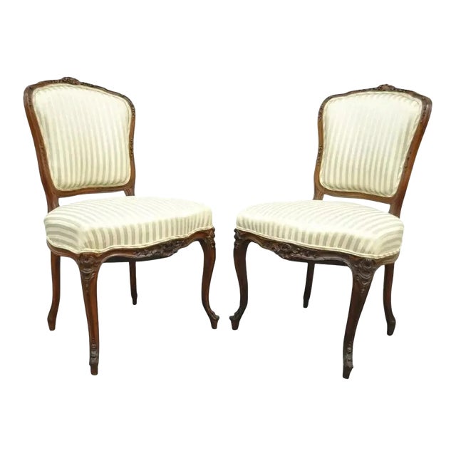 Late 19th Century Antique French Victorian Louis XV Style Carved Walnut Side Chairs - a Pair For Sale