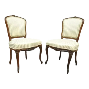 Late 19th Century Antique French Victorian Louis XV Style Carved Walnut Side Chairs - a Pair