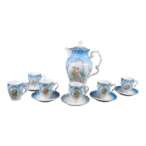 Late 18th Century Blue and White Angel Design Chocolate Pot Set With Cups- 13 Pieces