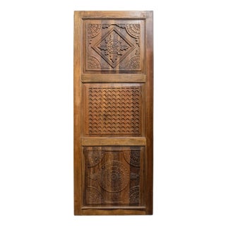 Hand Carved Teak Wood Barn Door Geometric Medallion Three Panel Farmhouse Sliding Door 96x36 For Sale