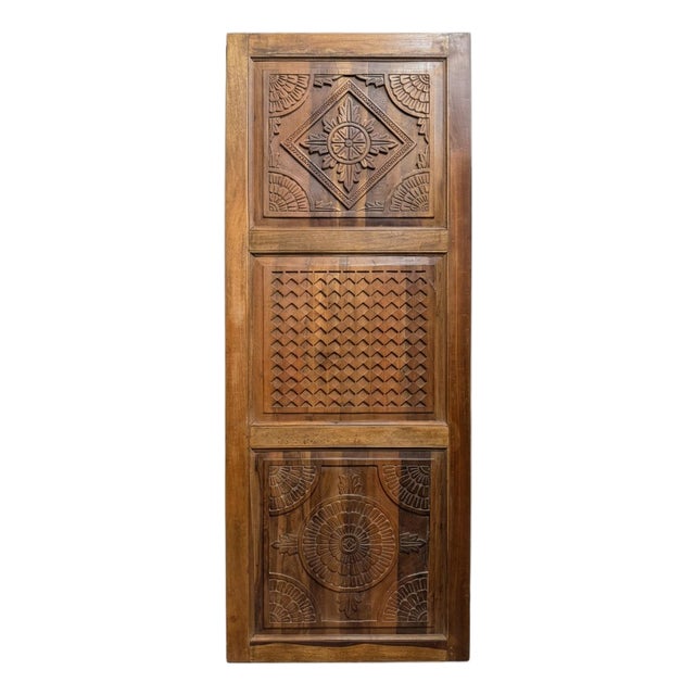Hand Carved Teak Wood Barn Door Geometric Medallion Three Panel Farmhouse Sliding Door 96x36 For Sale