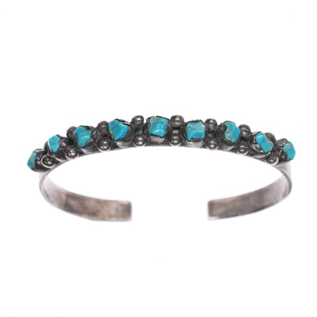 Contemporary 6.5" c1940's Zuni sterling carved turquoise row cuff bracelet b For Sale - Image 3 of 10