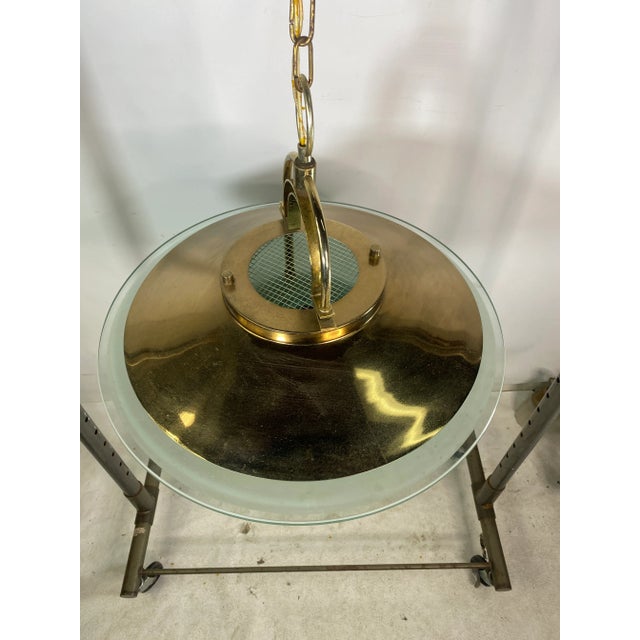 Brass Mid Century Modern Brass and Frosted Glass Flying Saucer Style Chandelier For Sale - Image 8 of 11