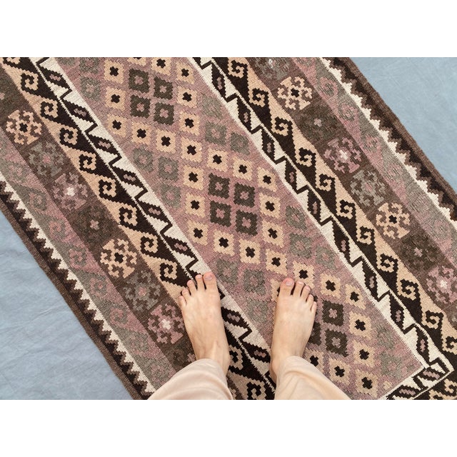 Afghan Maimana Kilim Accent Rug, Handwoven Wool, 3x7, Mauve & Sage For Sale - Image 6 of 11