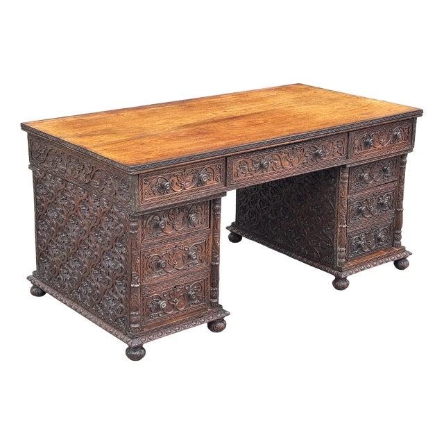 Anglo-Indian Carved Padauk Partner's Desk, 1860s For Sale