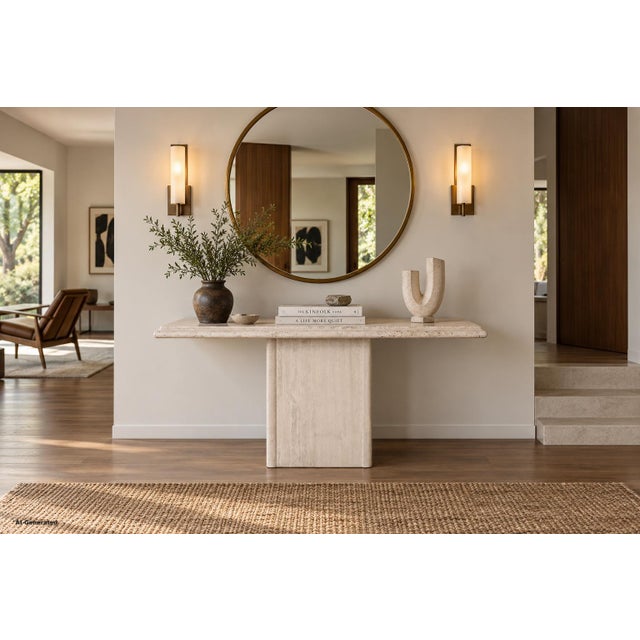 This Italian mid-century modern Postmodern travertine console table, dating to the 1980s, pairs substantial natural stone...