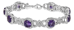 Silver Cushion-Cut Purple Amethyst & Diamond Vintage Halo Link Bracelet