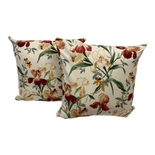 Pair of 22" Square Pillows With a Red and Cream Iris Floral Pattern - Made in Uk For Sale