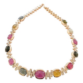 Bochic “Capri” Vintage Ruby & Fancy Color Sapphire Necklace Set 18K & Silver For Sale