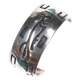 7 1/8" C1950's Navajo Silver Overlay Style Cuff Bracelet With Turquoise Inlay For Sale