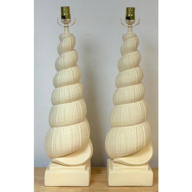 1980s Hollywood Regency Spiral Seashell Form Plaster Table Lamps - a Pair For Sale - Image 13 of 15