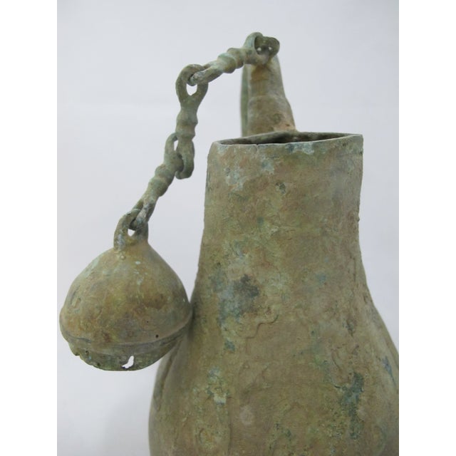 Metal Chinese Bronze Ware Dynasty Kettle Cockscomb Flask With Archaic Horse Design For Sale - Image 7 of 14