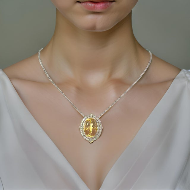 Yellow Natural Citrine Diamond Necklace 14k Gold 11.93 TCW Certified For Sale - Image 8 of 11