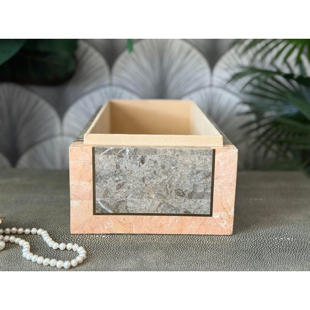 Vintage Mid-Century Modern Postmodern Tessellated Marble Mactan Stone and Brass Jewelry Trinket Lidded Box With Velvet Interior by Maitland-Smith For Sale In Los Angeles - Image 6 of 12