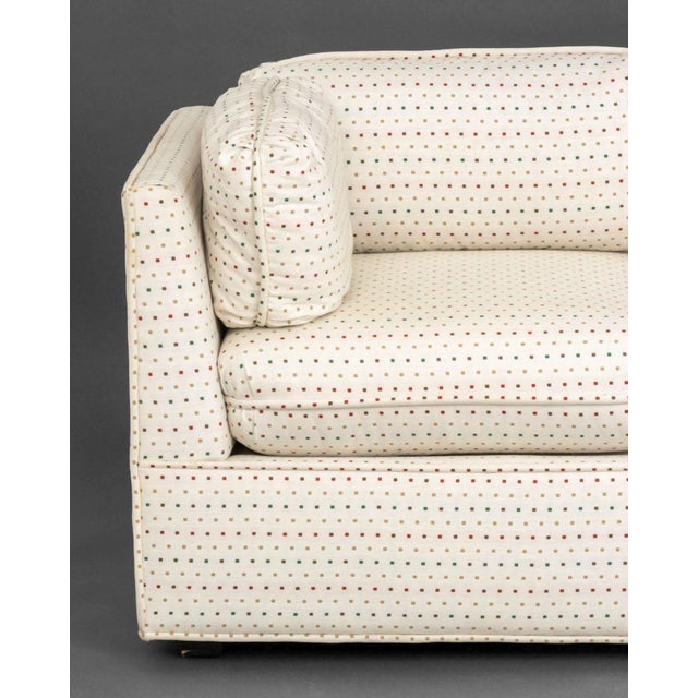 Modern Geometric Print Linen Upholstered Three-Seat Sofa. 30" H x 86" W x 31" D; seat: 19" H. Provenance: From a...