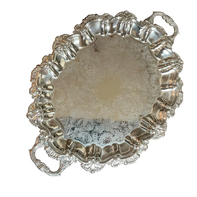 English Mid 20th Century Silverplated Butler’s Buffet Serving Platter Tray W Handles Ornate For Sale - Image 3 of 12