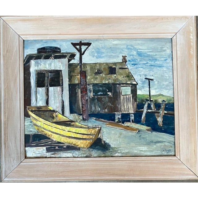 Mid Century Oil Painting Coastal Boat Yard by California Regionist Artist, Signed & Framed For Sale