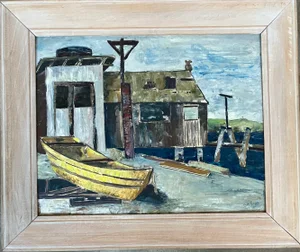 Mid Century Oil Painting Coastal Boat Yard by California Regionist Artist, Signed & Framed