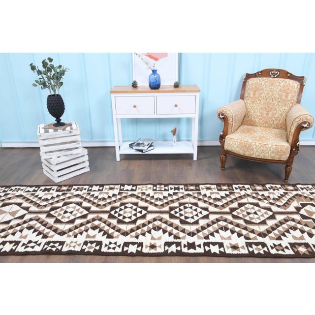 Boho Chic Vintage Turkish Oushak Handmade Wool Cotton White Runner Rug For Sale - Image 3 of 11