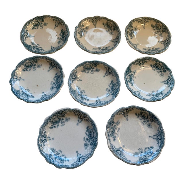 Antique Allertons English Teal Transferware Scalloped Butter Pats Set of 8 For Sale