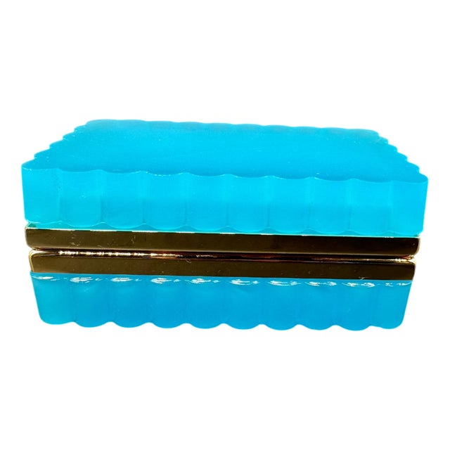 Antique French Opaline Turquoise Scalloped Glass Box, 1890s For Sale