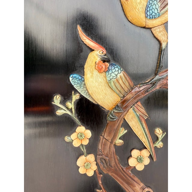 Set of 4 Asian Chinoiserie Hand Carved Soapstone and Lacquer Wall Art Panels For Sale - Image 10 of 12