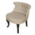 A pair of neutral linen shaped slipper chairs with tufted, curved back and curved, dark front legs