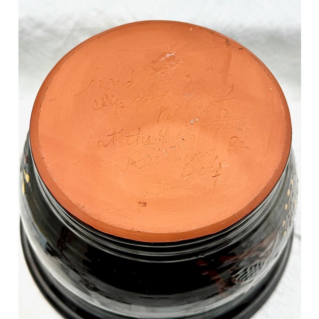 Ceramic Ned Foltz 2001 Redware Hand Turned, Signed Medium Size Cachepot With Black Glaze and Brown, Yellow & Green Slip Decoration For Sale - Image 7 of 12