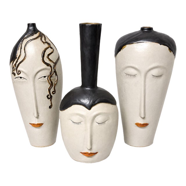 Set of 3 Sculptural 1980’s Art Nouveau-Style Figurative Face Vases / Modern Art Pottery Vessels For Sale