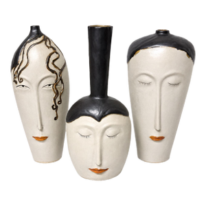 Set of 3 Sculptural 1980’s Art Nouveau-Style Figurative Face Vases / Modern Art Pottery Vessels