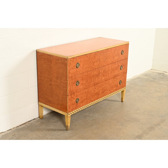 Romweber Romweber Style French Regency Louis XVI Burl Wood and Parcel Painted Three-Drawer Dresser Chest, Circa 1940s For Sale - Image 4 of 17