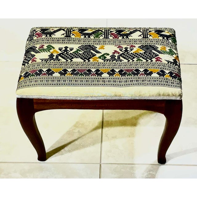 Vintage Boho Footstool – Hand Embroidery Suzani & Solid Wood. For Sale - Image 13 of 17
