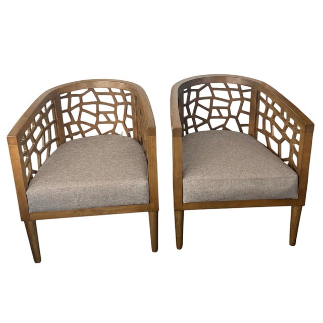 Mid-Century Modern A Pair Mid-Century Modern Inspired Teak Fretted Barrel Tub Chairs For Sale - Image 3 of 12