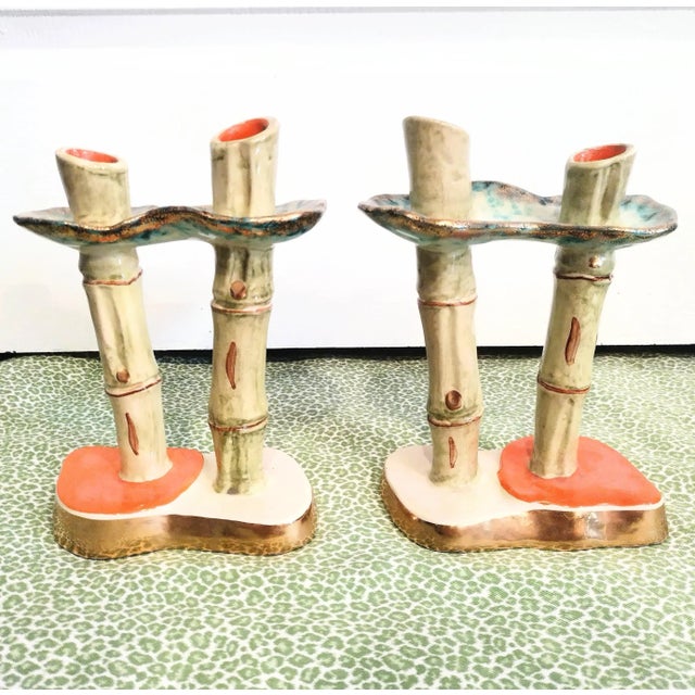 Vintage Italian Colorful Ceramic Faux Bamboo Double Stalk Green Orange Candle Stick Holders- a Pair For Sale - Image 9 of 9