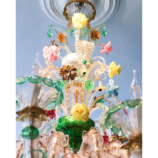 Vintage Venetian Murano Hand Crafted Green Glass and Flowers Chandelier, 1960s For Sale - Image 4 of 9